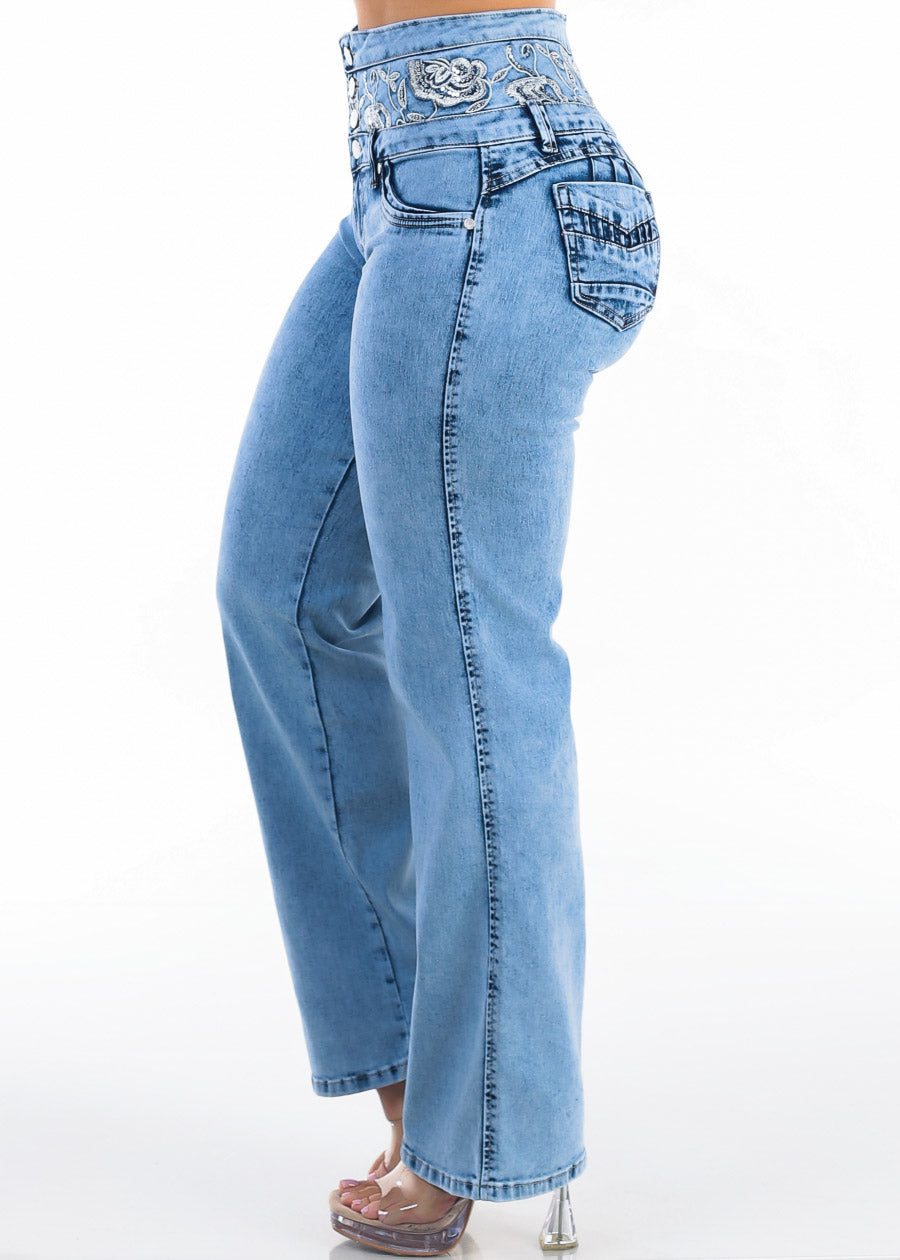 Butt Lift Super High Waist Wide Leg Stretch Jeans Acid Wash