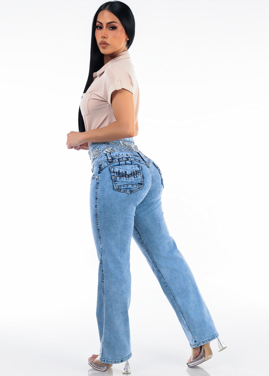 Butt Lift Super High Waist Wide Leg Stretch Jeans Acid Wash