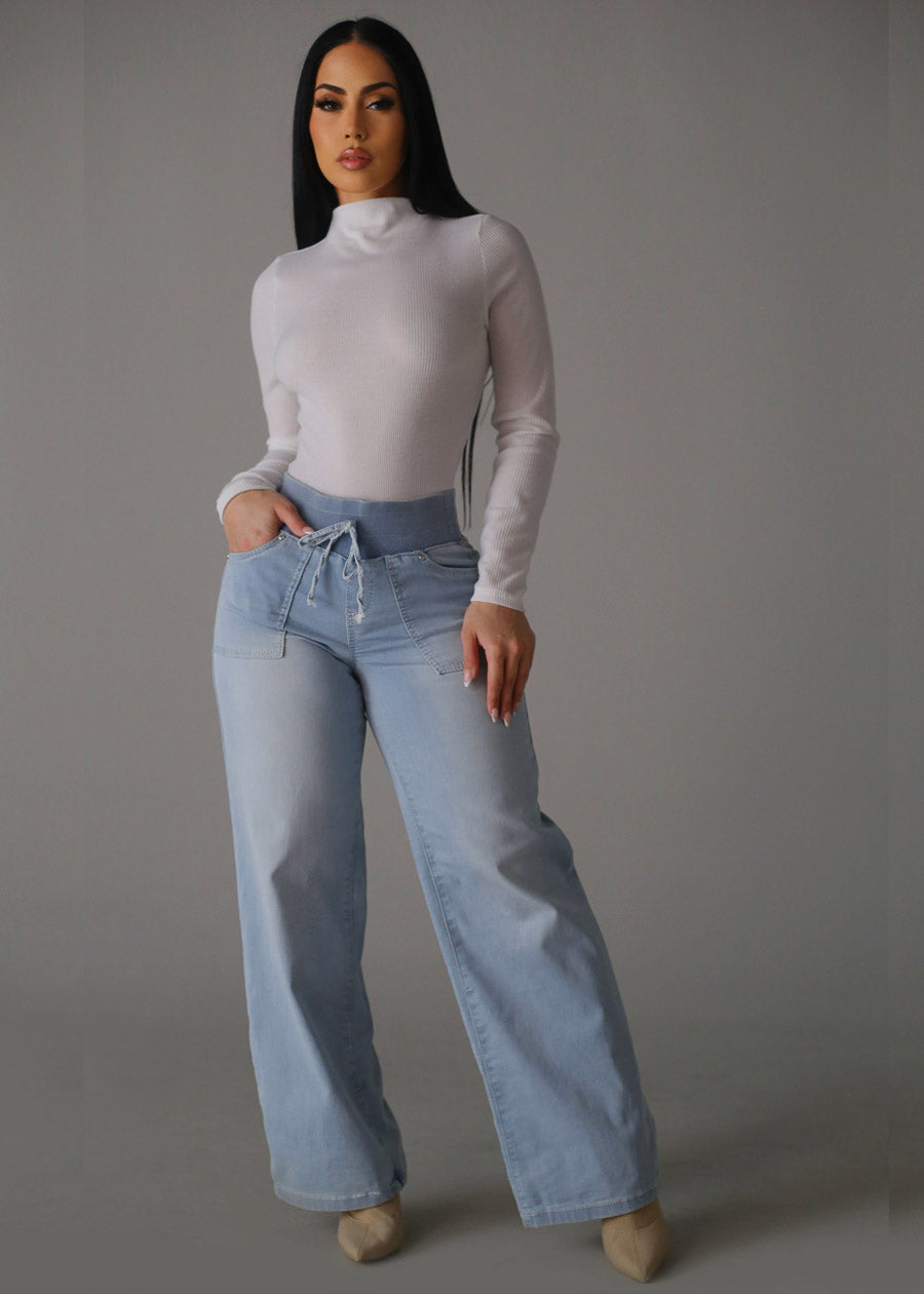 Super High Elastic Waist Wide Leg Jeans Light Wash