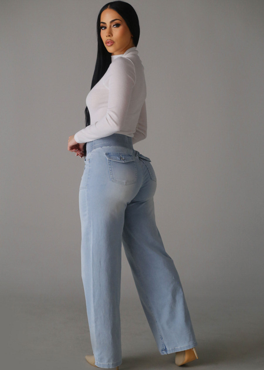 Super High Elastic Waist Wide Leg Jeans Light Wash