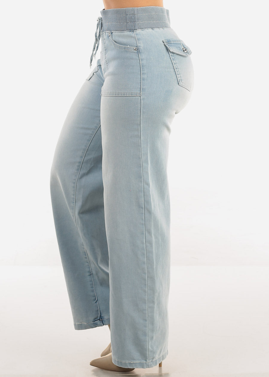 Super High Elastic Waist Wide Leg Jeans Light Wash