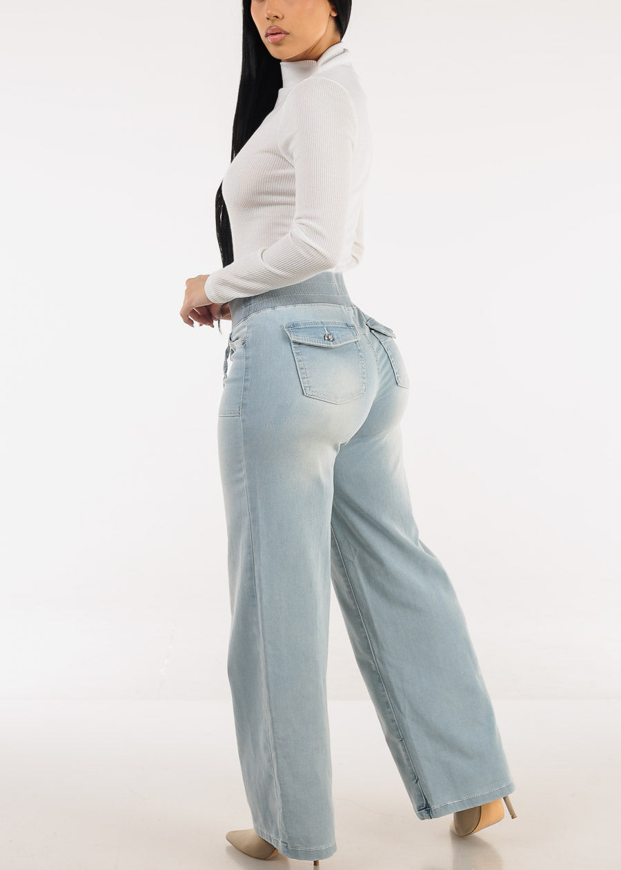 Super High Elastic Waist Wide Leg Jeans Light Wash