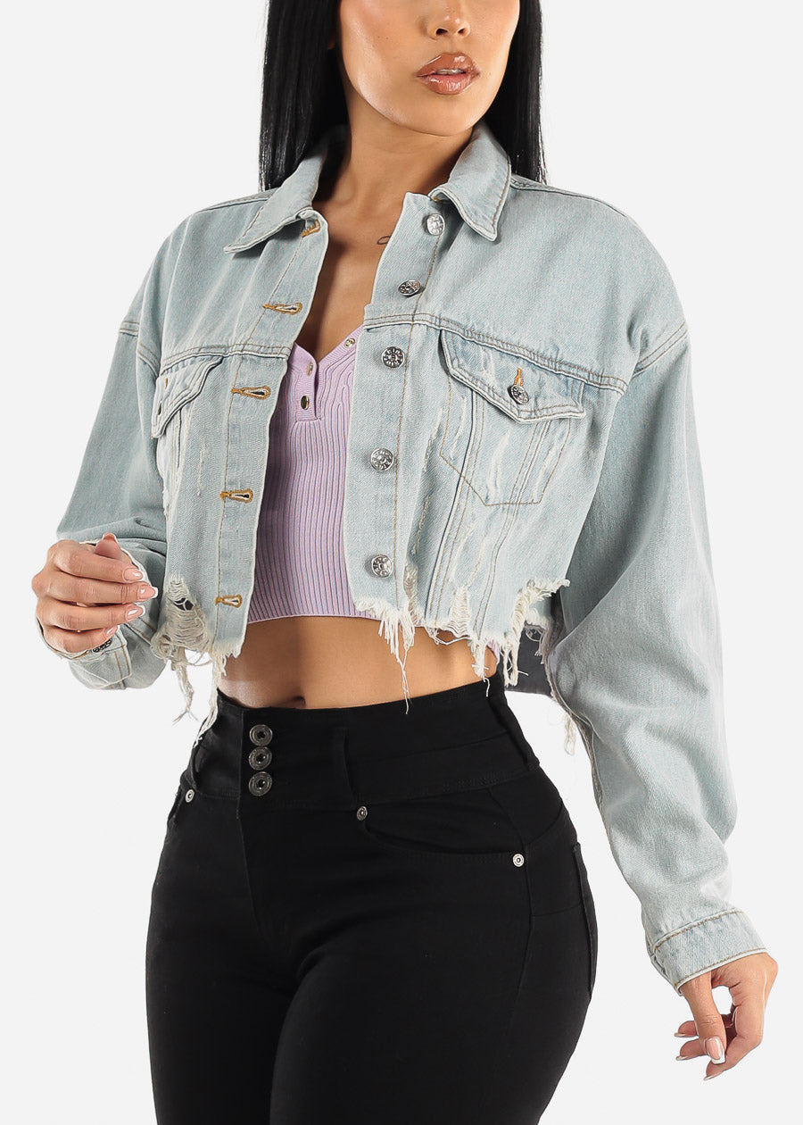 Blue Graphic Cropped Denim Jacket "Come As You Are"