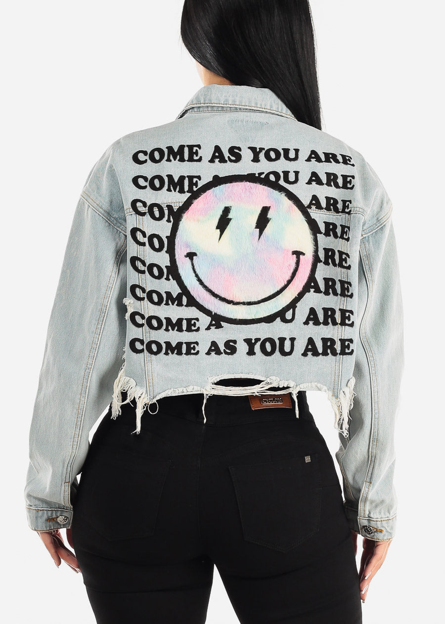 Blue Graphic Cropped Denim Jacket "Come As You Are"