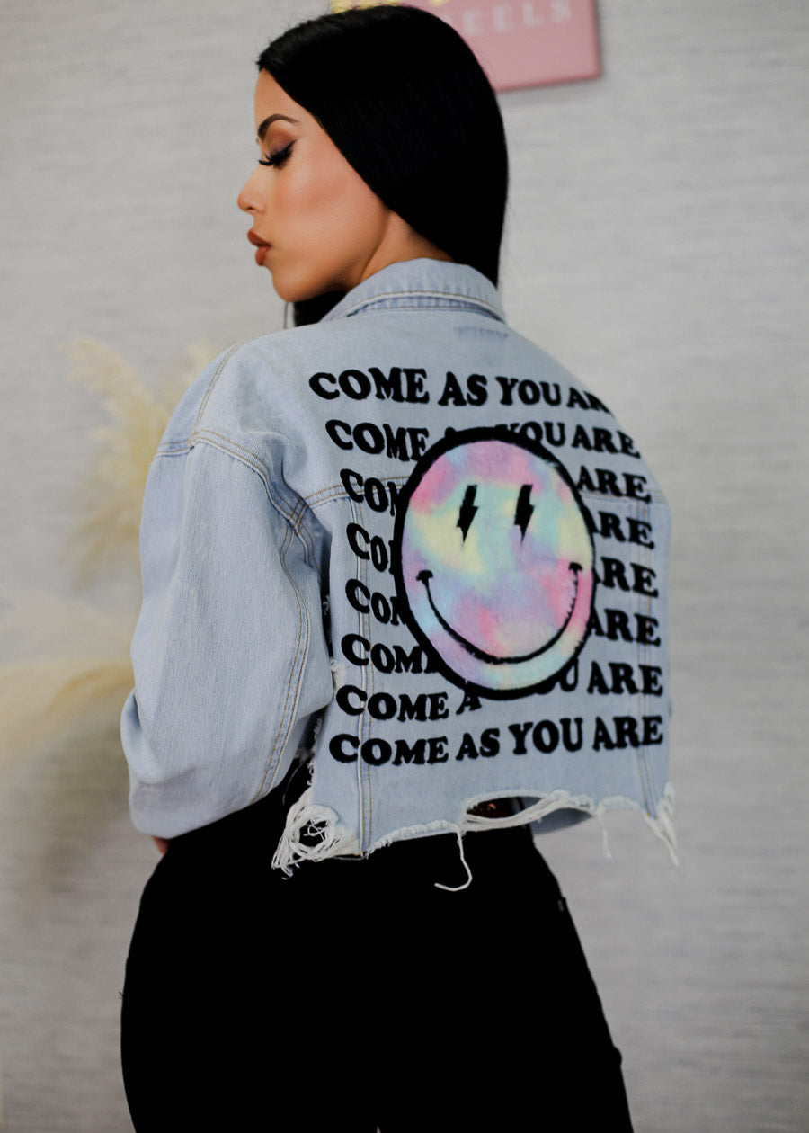 Blue Graphic Cropped Denim Jacket "Come As You Are"