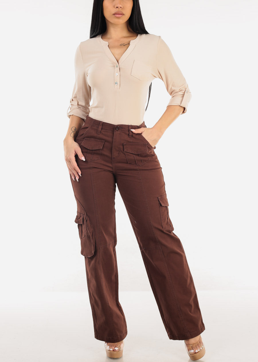 Super High Waist Straight Wide Leg Cargo Jeans Brown