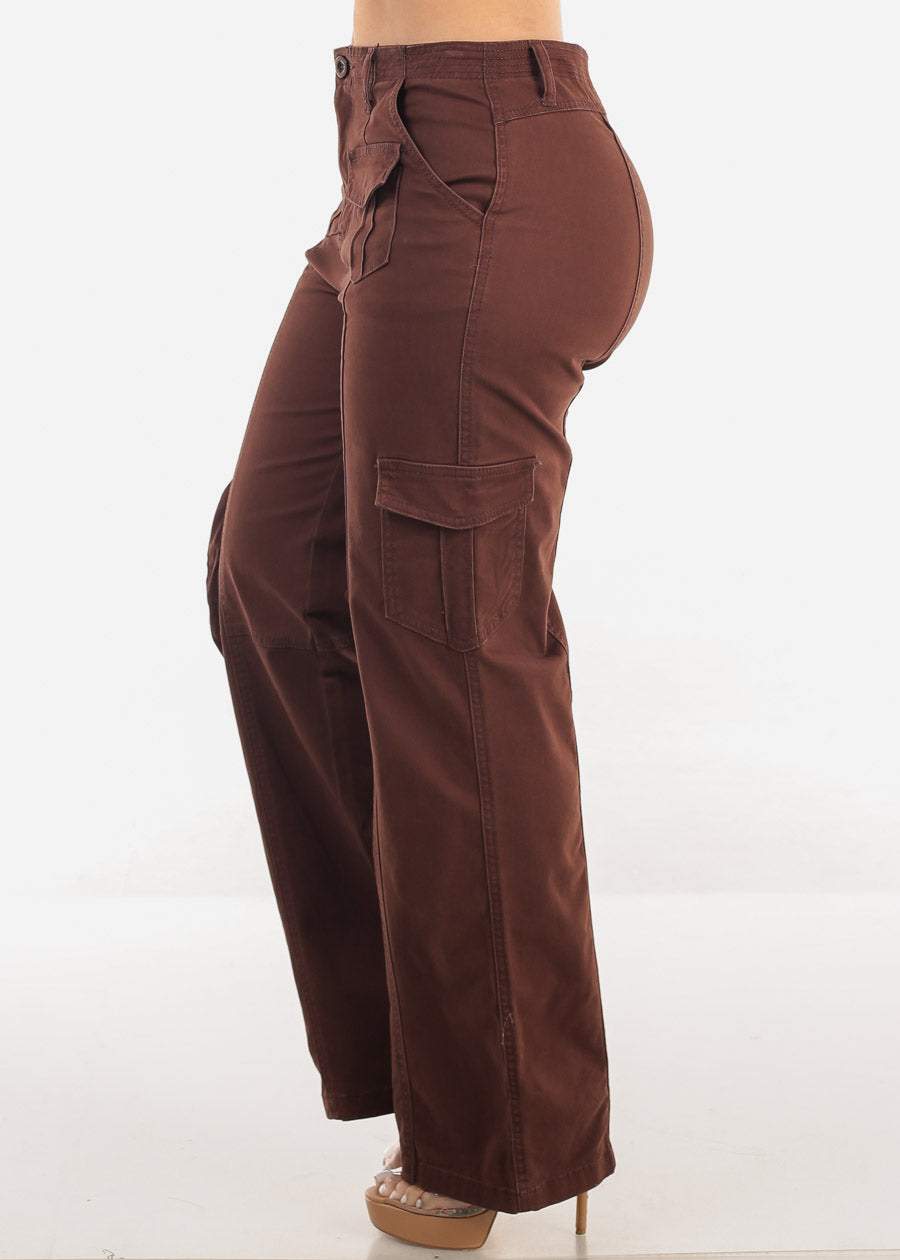 Super High Waist Straight Wide Leg Cargo Jeans Brown