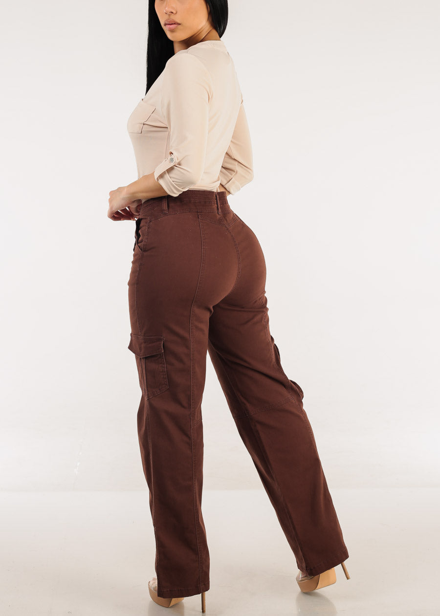 Super High Waist Straight Wide Leg Cargo Jeans Brown