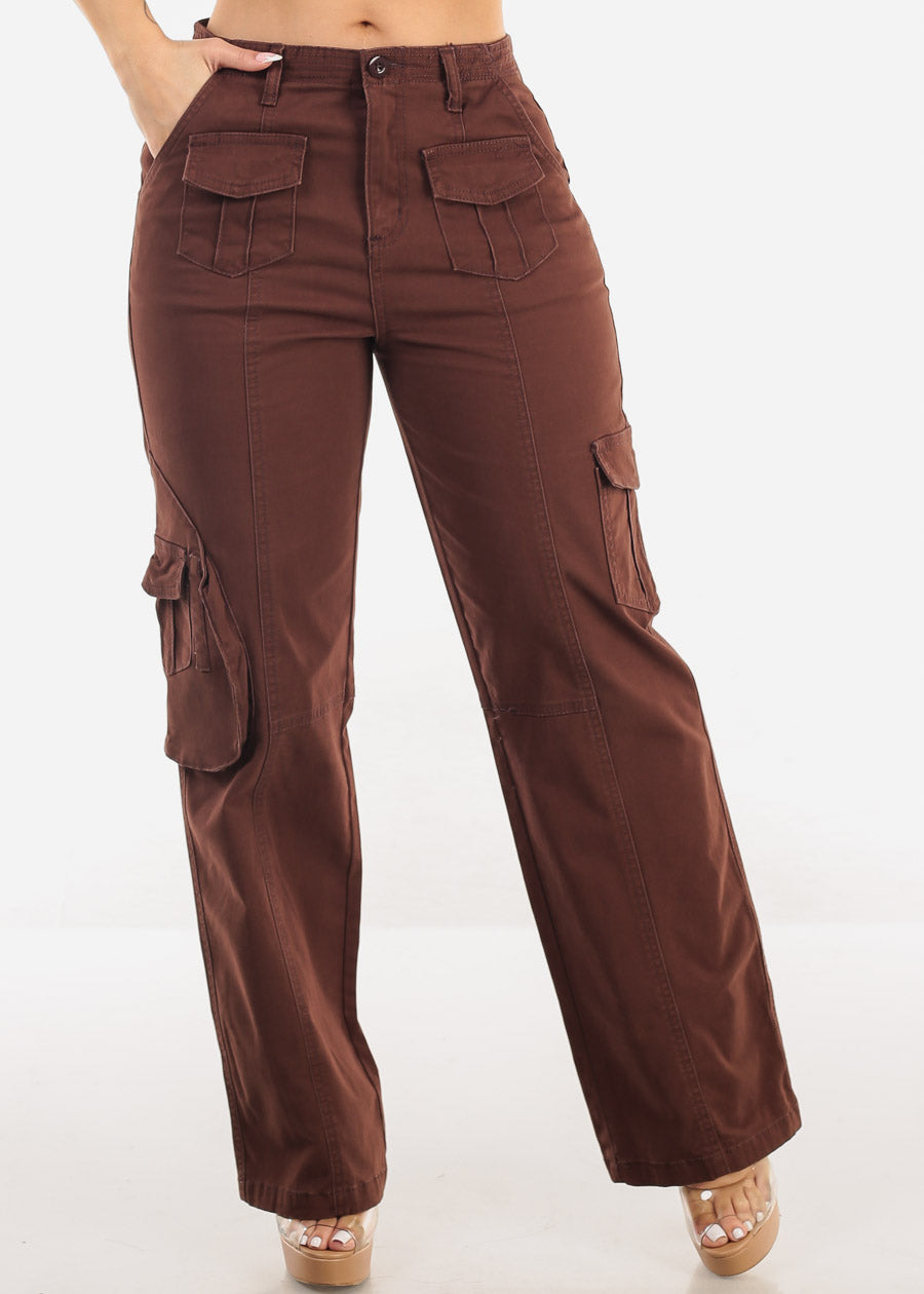 Super High Waist Straight Wide Leg Cargo Jeans Brown