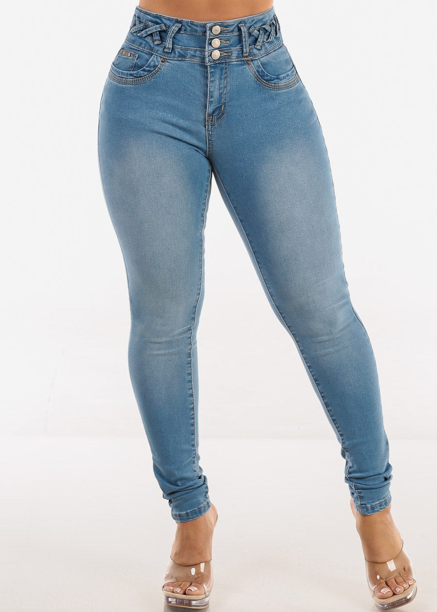 Butt Lift High Waist Skinny Jeans Light Wash w Lace Up Design