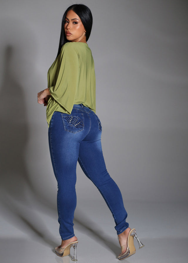 Butt Lift Mid Rise Stretch Skinny Jeans Dark Blue