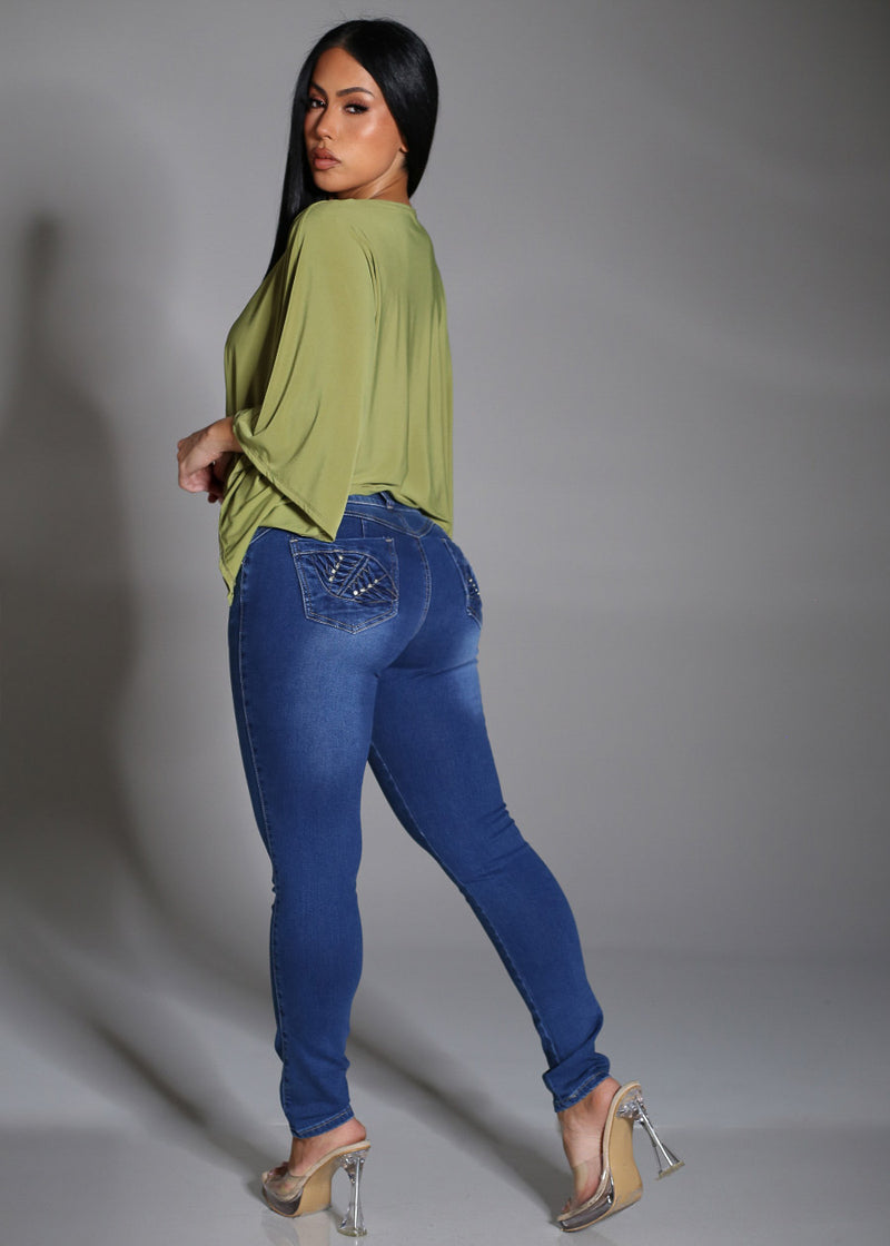 Butt Lift Mid Rise Stretch Skinny Jeans Dark Blue