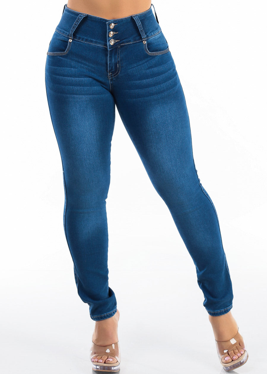 Butt Lift Mid Rise Stretch Skinny Jeans Dark Blue