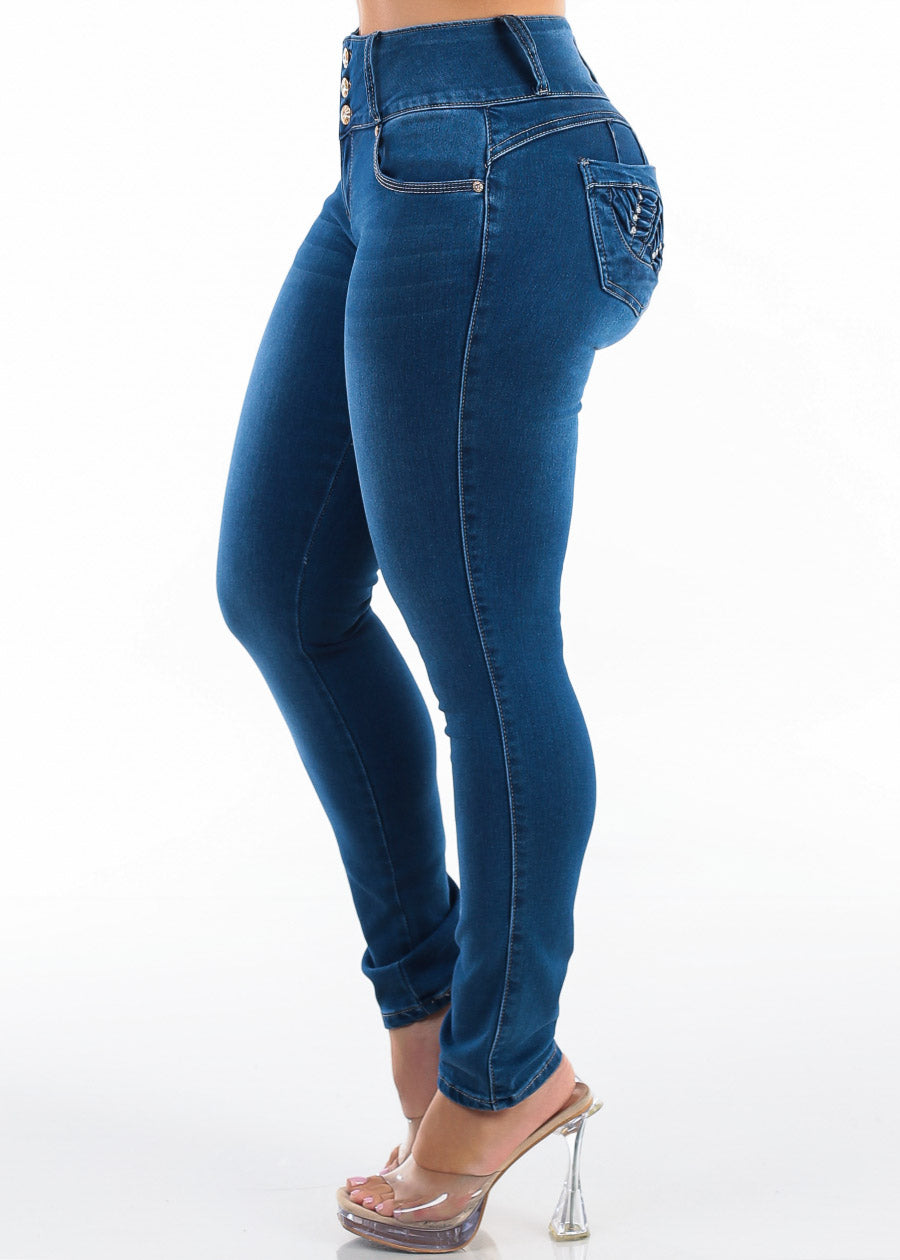 Butt Lift Mid Rise Stretch Skinny Jeans Dark Blue