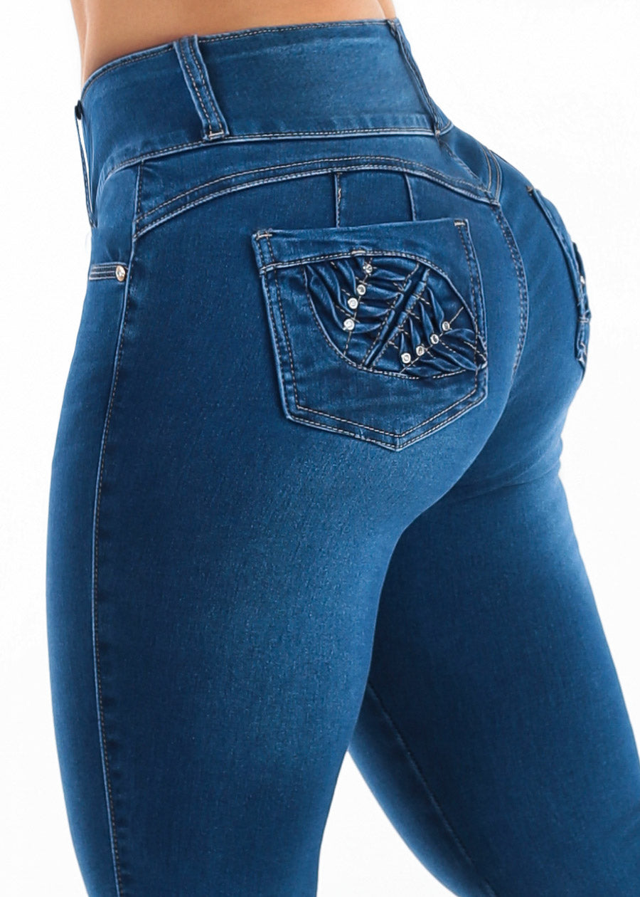 Butt Lift Mid Rise Stretch Skinny Jeans Dark Blue