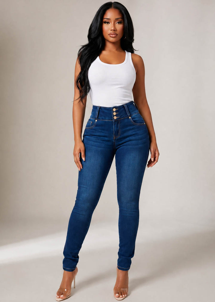Butt Lift Mid Rise Stretch Skinny Jeans Dark Blue