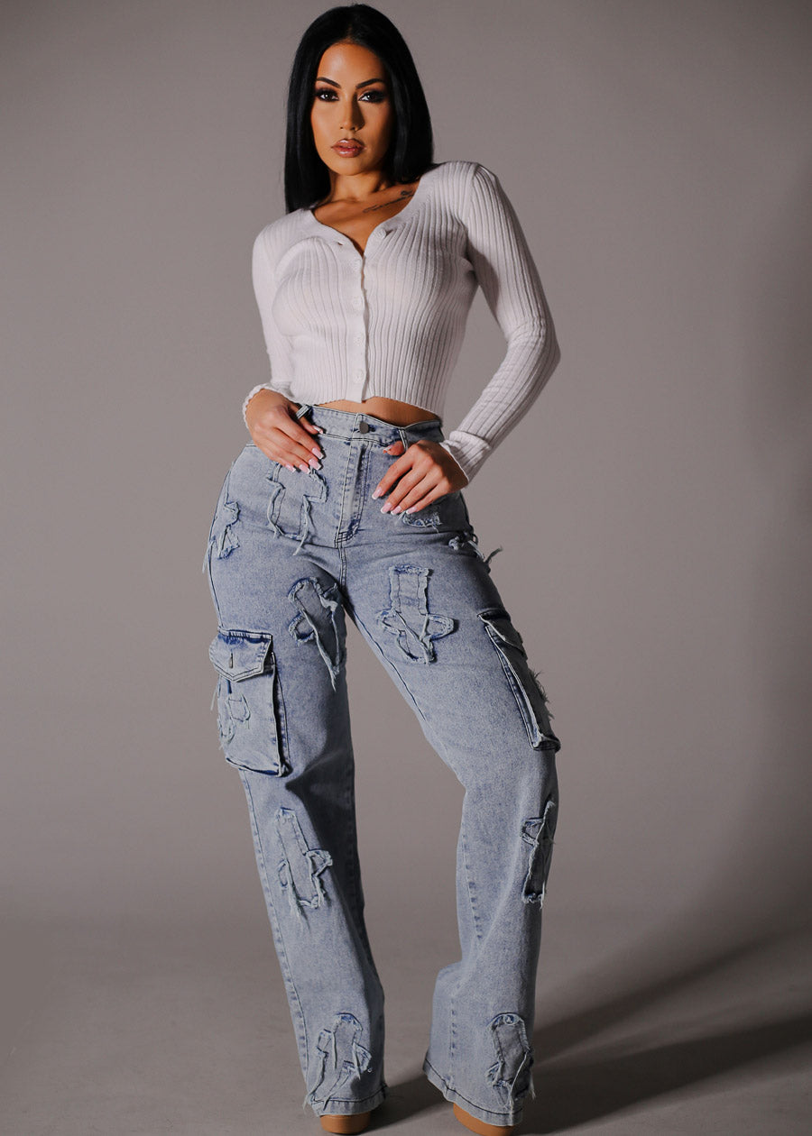 High Waist Straight Wide Leg Cargo Jeans w Cross Patch