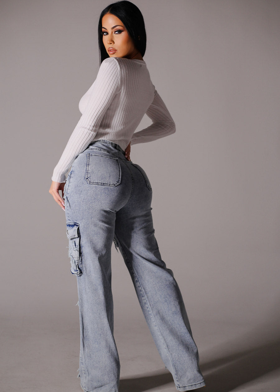 High Waist Straight Wide Leg Cargo Jeans w Cross Patch