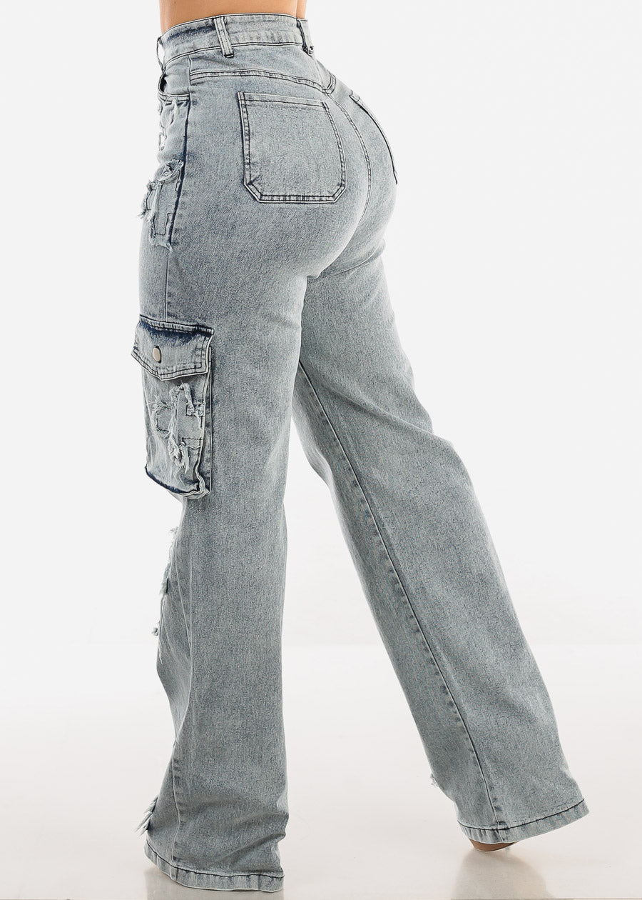 High Waist Straight Wide Leg Cargo Jeans w Cross Patch