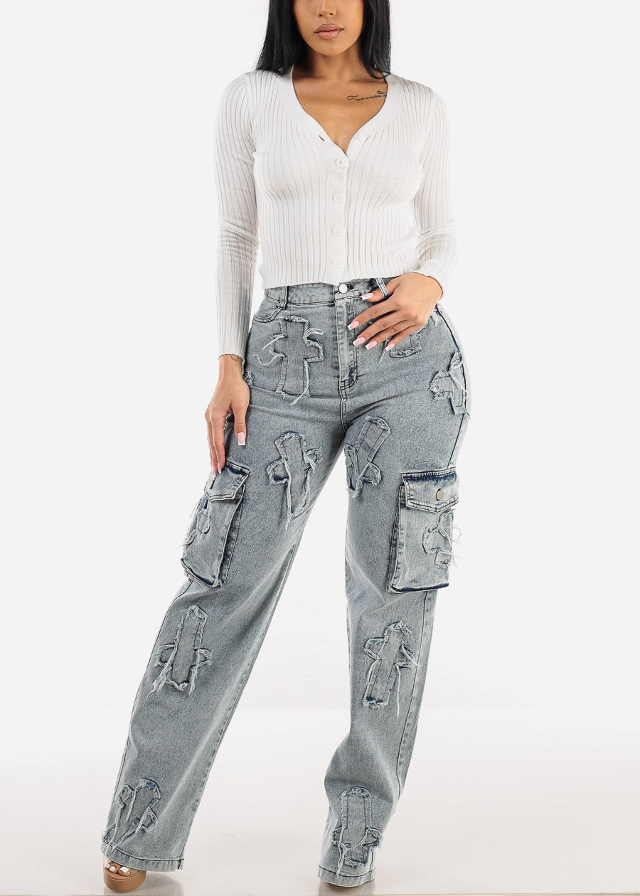 High Waist Straight Wide Leg Cargo Jeans w Cross Patch