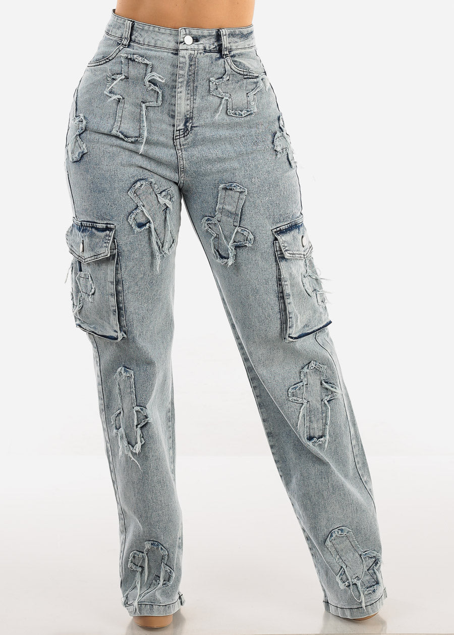 High Waist Straight Wide Leg Cargo Jeans w Cross Patch