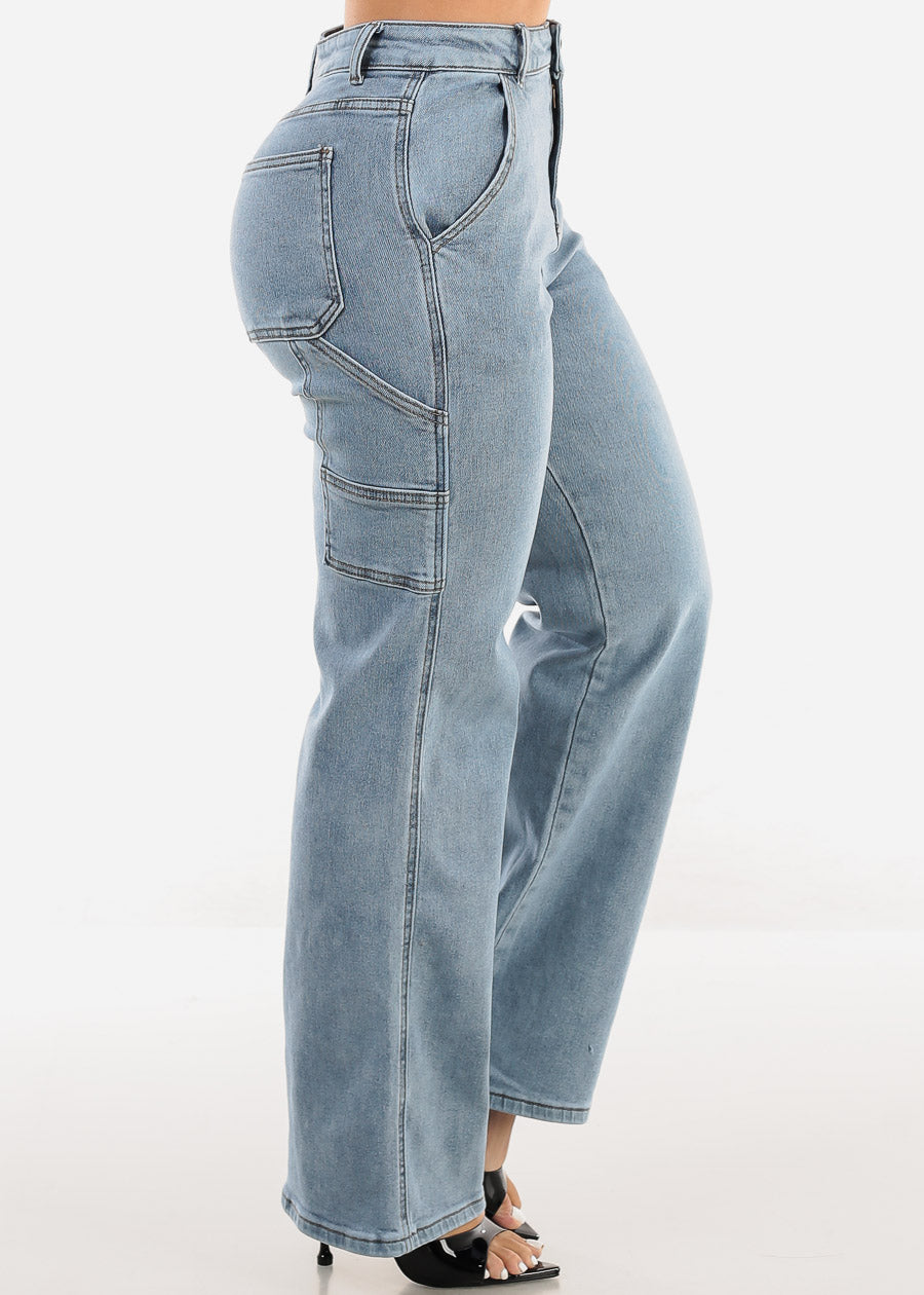 Super High Waist Straight Wide Leg Stretch Jeans Acid Wash