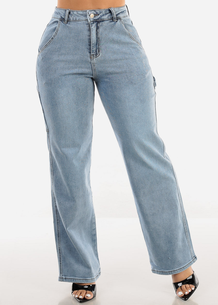 Super High Waist Straight Wide Leg Stretch Jeans Acid Wash