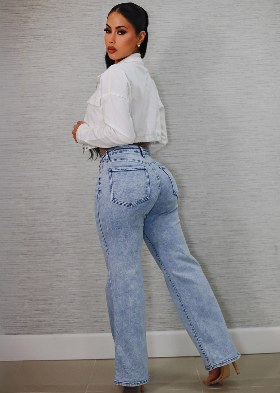 High Waist Straight Wide Leg Stretch Jeans Acid Wash