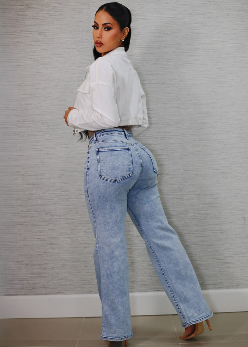 High Waist Straight Wide Leg Stretch Jeans Acid Wash