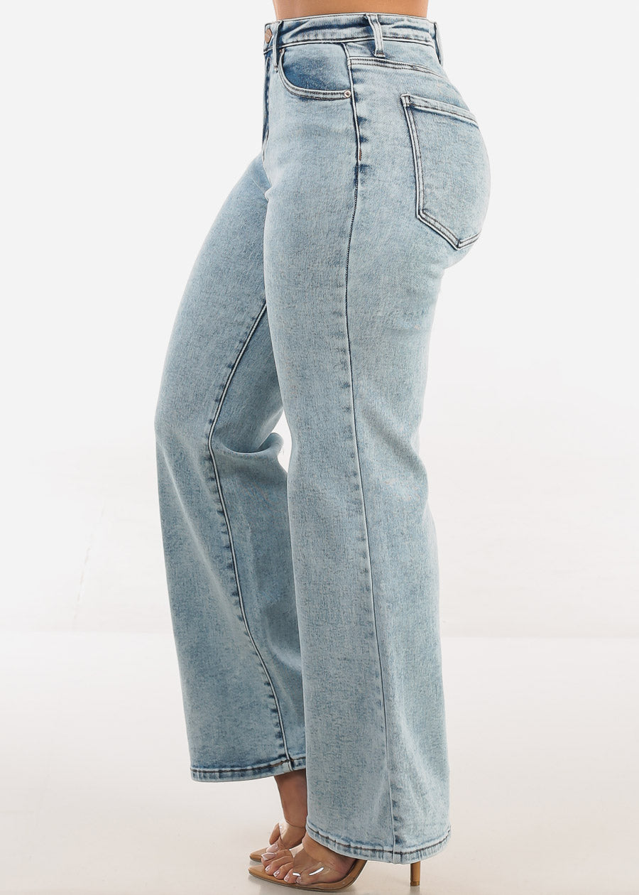 High Waist Straight Wide Leg Stretch Jeans Acid Wash