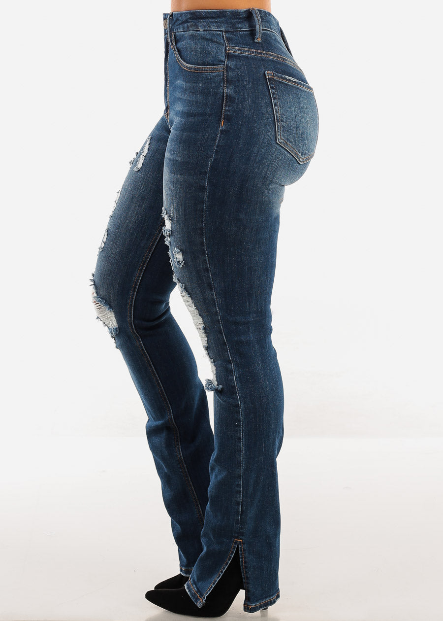 Super High Waist Distressed Straight Leg Jeans Dark Wash