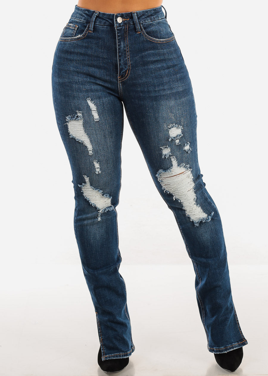 Super High Waist Distressed Straight Leg Jeans Dark Wash