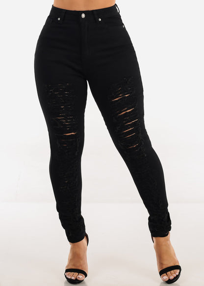 Distressed Super High Waist Stretch Skinny Jeans Black