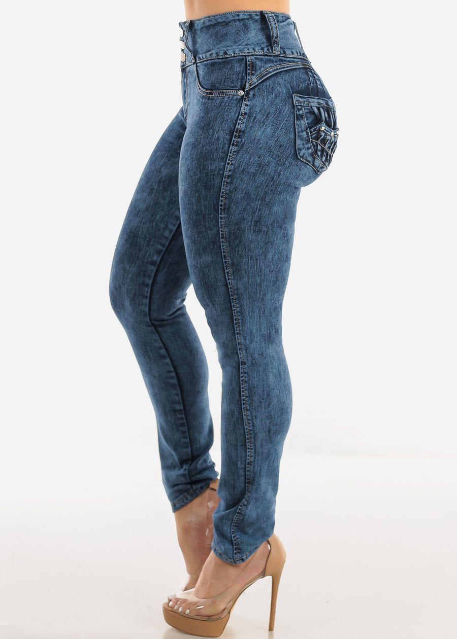 High Waist Butt Lift Acid Wash Skinny Jeans