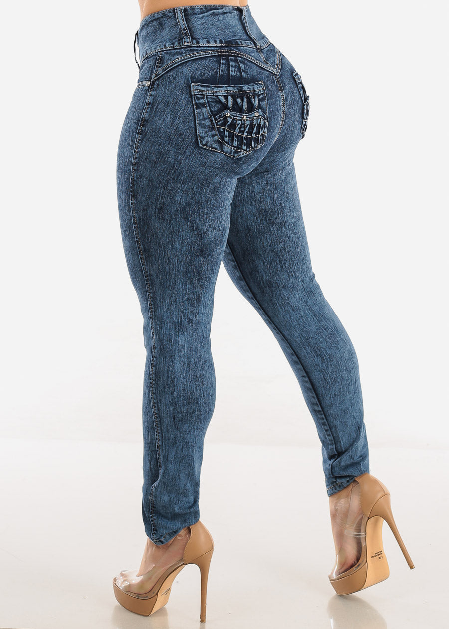 High Waist Butt Lift Acid Wash Skinny Jeans