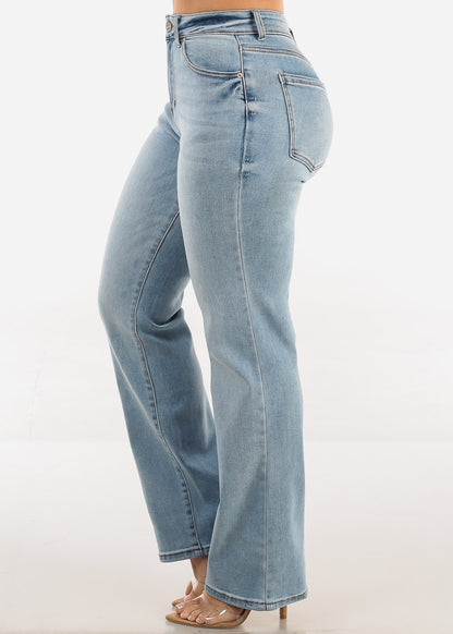 Stretchy High Waist Straight Wide Leg Jeans Light Wash
