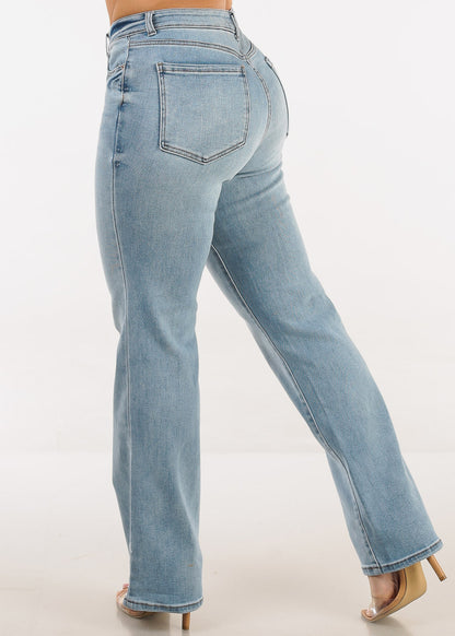 Stretchy High Waist Straight Wide Leg Jeans Light Wash