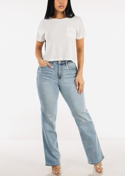 Stretchy High Waist Straight Wide Leg Jeans Light Wash