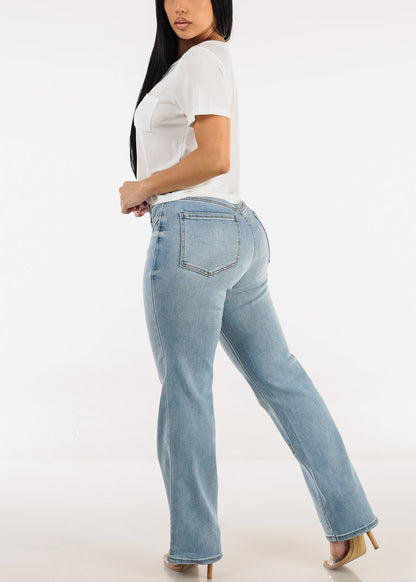 Stretchy High Waist Straight Wide Leg Jeans Light Wash