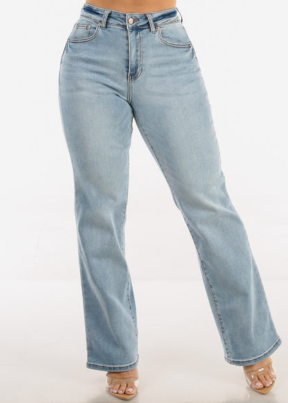 Stretchy High Waist Straight Wide Leg Jeans Light Wash