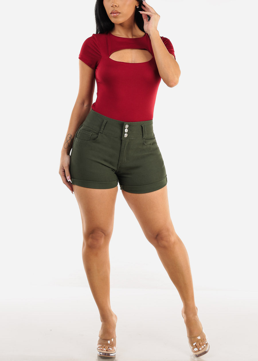 MX JEANS High Waist Hyper Stretch Butt Lifting Mid Thigh Shorts Olive