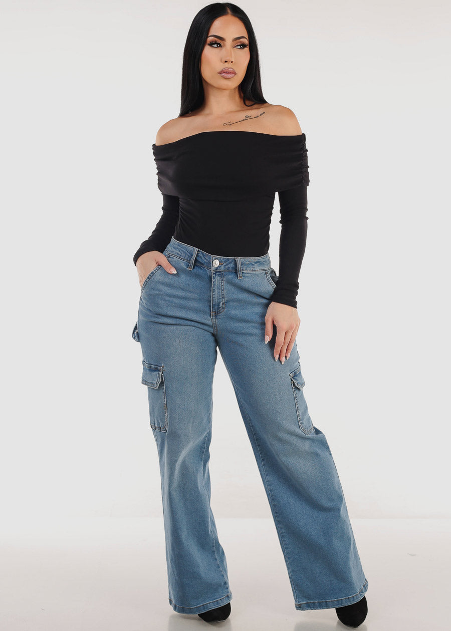 Super High Waist Wide Leg Cargo Jeans Light Wash