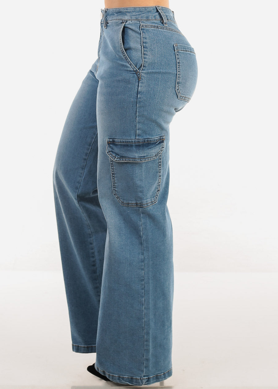 Super High Waist Wide Leg Cargo Jeans Light Wash