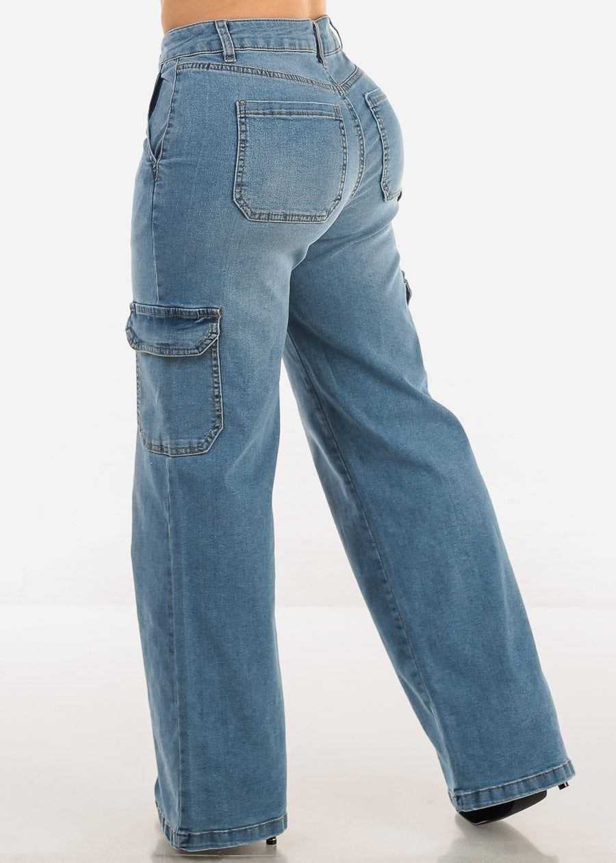 Super High Waist Wide Leg Cargo Jeans Light Wash