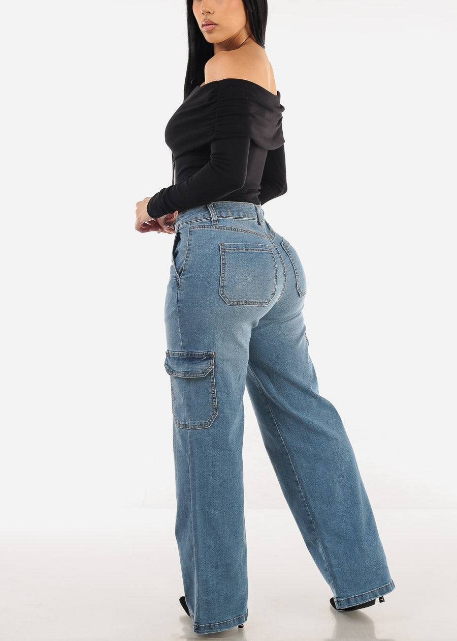 Super High Waist Wide Leg Cargo Jeans Light Wash