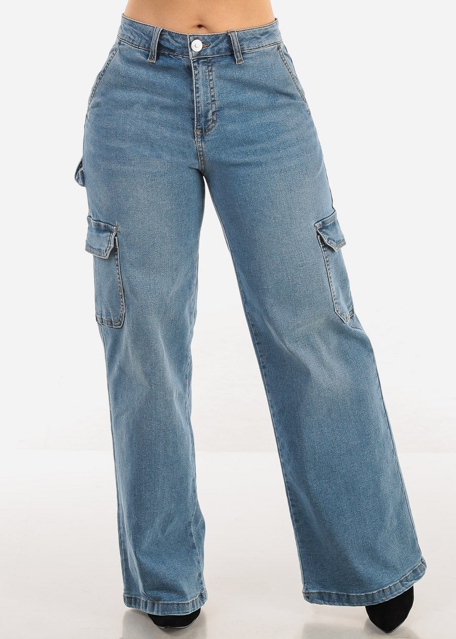 Super High Waist Wide Leg Cargo Jeans Light Wash