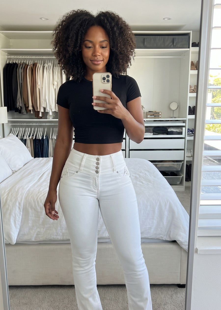 MX JEANS Butt Lift High Waist Stretch Bootcut Jeans White w Back Pocket Design, view 14 of 14
