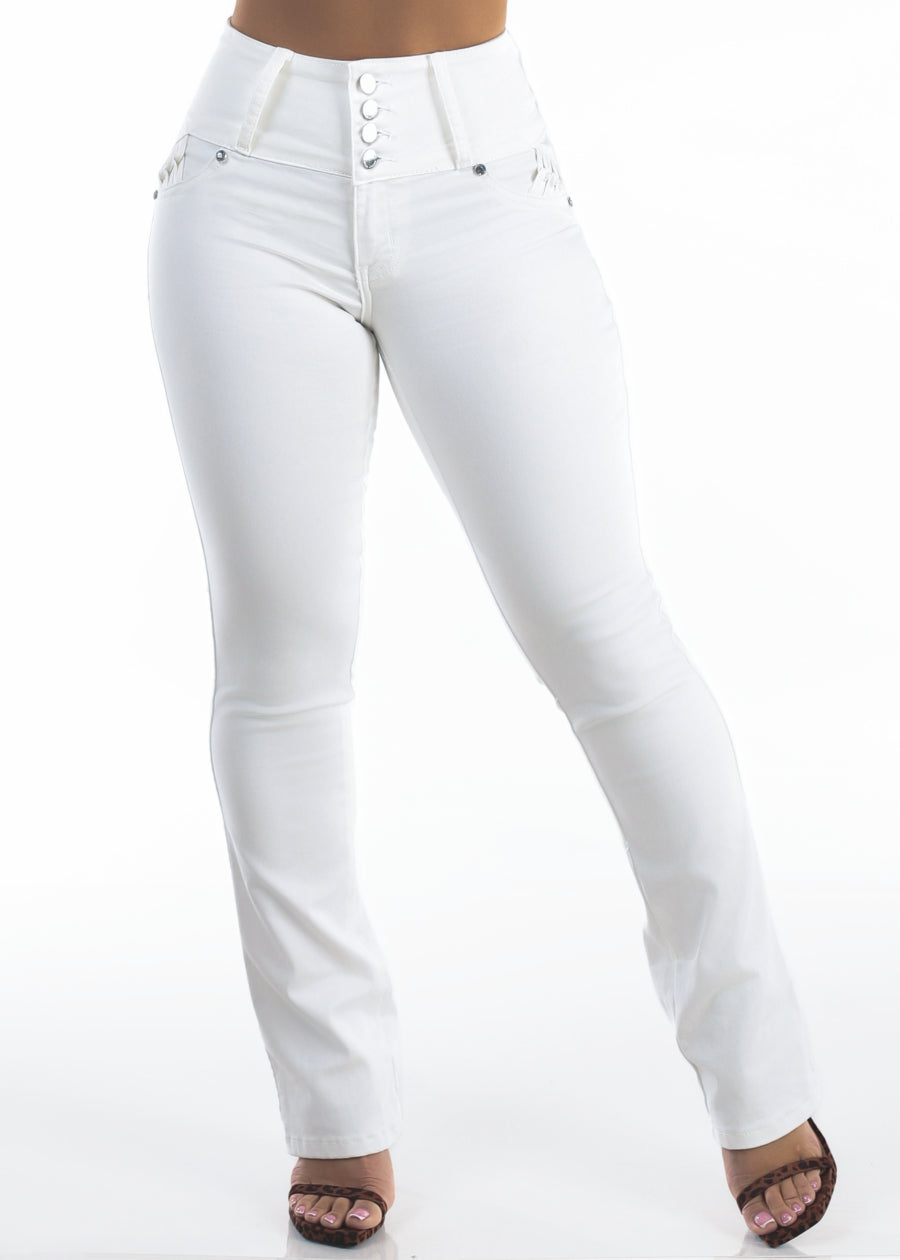 MX JEANS Butt Lift High Waist Stretch Bootcut Jeans White w Back Pocket Design