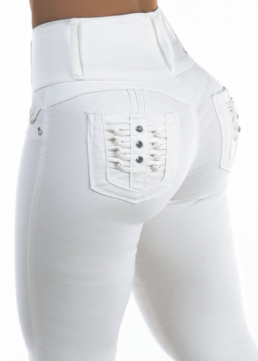 MX JEANS Butt Lift High Waist Stretch Bootcut Jeans White w Back Pocket Design