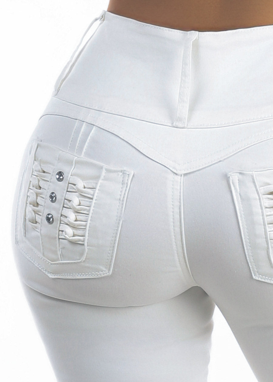 MX JEANS Butt Lift High Waist Stretch Bootcut Jeans White w Back Pocket Design